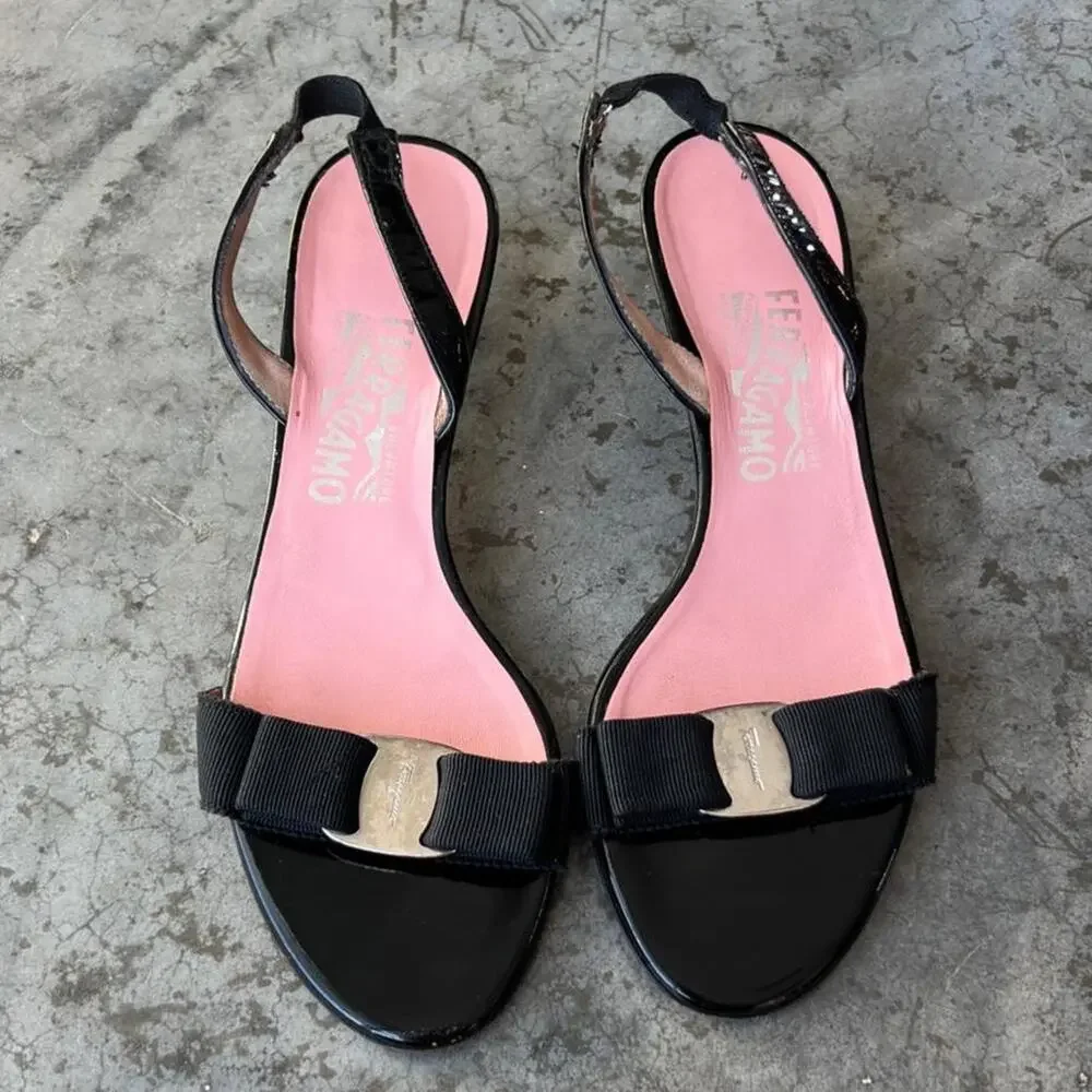Salvatore Ferragamo Black Patent Leather Vara Bow Slingback Heels Women's 7.5